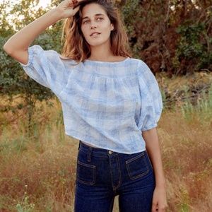 Christy Dawn Blue Checked Aya Puff Sleeve Crop Top
